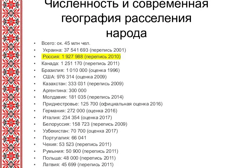 Численность и современная география расселения народа Всего: ок. 45 млн чел. Украина: