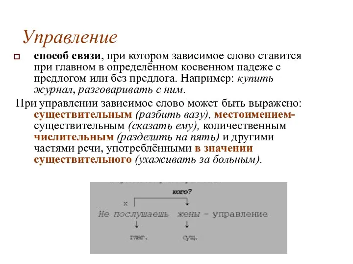 Управление способ связи, при котором зависимое слово ставится при главном в определённом