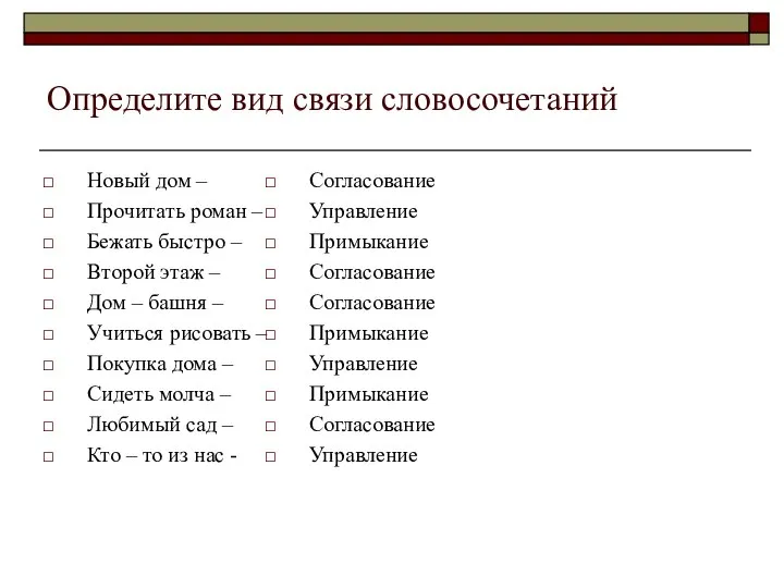 Определите вид связи словосочетаний Новый дом – Прочитать роман – Бежать быстро