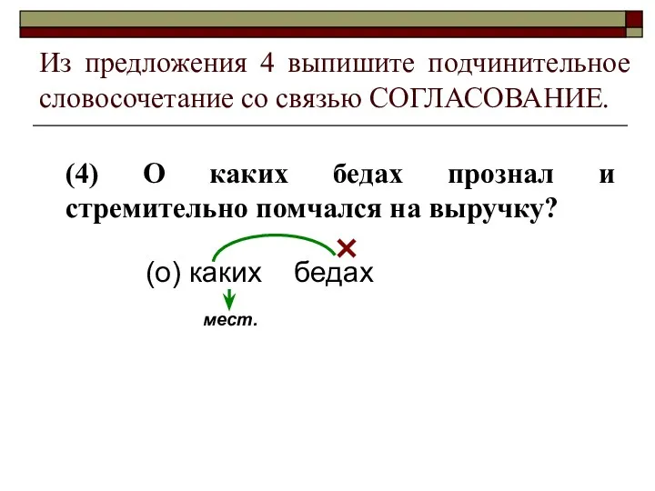 Из предложения 4 выпишите подчинительное словосочетание со связью СОГЛАСОВАНИЕ. (4) О каких