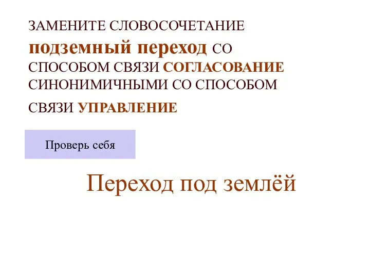 ЗАМЕНИТЕ СЛОВОСОЧЕТАНИЕ подземный переход СО СПОСОБОМ СВЯЗИ СОГЛАСОВАНИЕ СИНОНИМИЧНЫМИ СО СПОСОБОМ СВЯЗИ