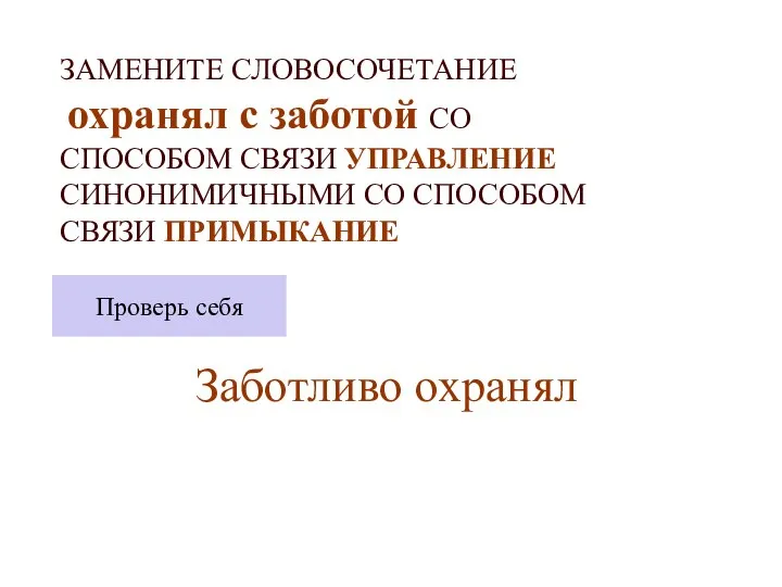 ЗАМЕНИТЕ СЛОВОСОЧЕТАНИЕ охранял с заботой СО СПОСОБОМ СВЯЗИ УПРАВЛЕНИЕ СИНОНИМИЧНЫМИ СО СПОСОБОМ