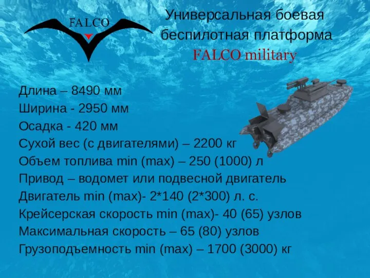 Универсальная боевая беспилотная платформа FALCO military Длина – 8490 мм Ширина -