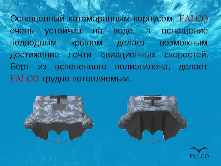 Оснащенный катамаранным корпусом, FALCO очень устойчив на воде, а оснащение подводным крылом