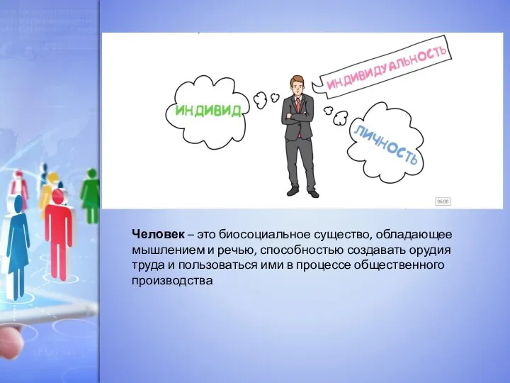 Человек – это биосоциальное существо, обладающее мышлением и речью, способностью создавать орудия