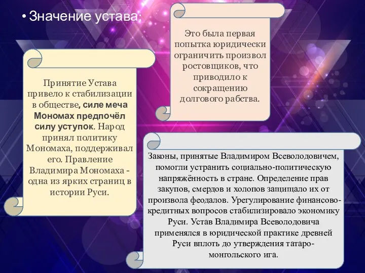 Значение устава: Это была первая попытка юридически ограничить произвол ростовщиков, что приводило