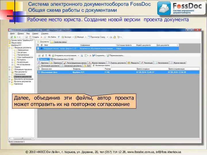 Система электронного документооборота FossDoc Общая схема работы с документами © 2010 «ФОСС-Он-Лайн»,