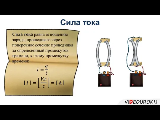 Сила тока равна отношению заряда, прошедшего через поперечное сечение проводника за определенный