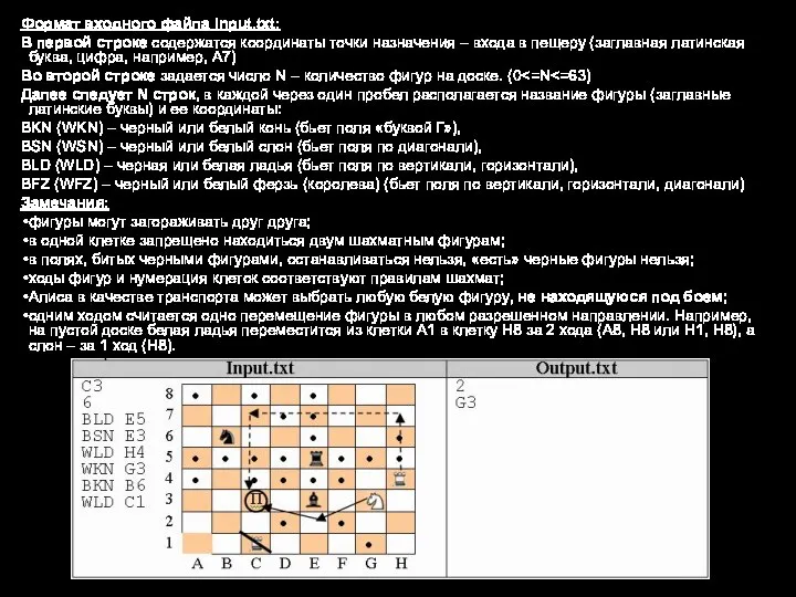 Формат входного файла input.txt: В первой строке содержатся координаты точки назначения –