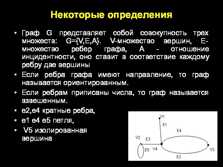 Некоторые определения Граф G представляет собой совокупность трех множеств: G={V,E,А}. V-множество вершин,