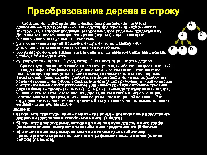 Преобразование дерева в строку Как известно, в информатике широкое распространение получили древовидные