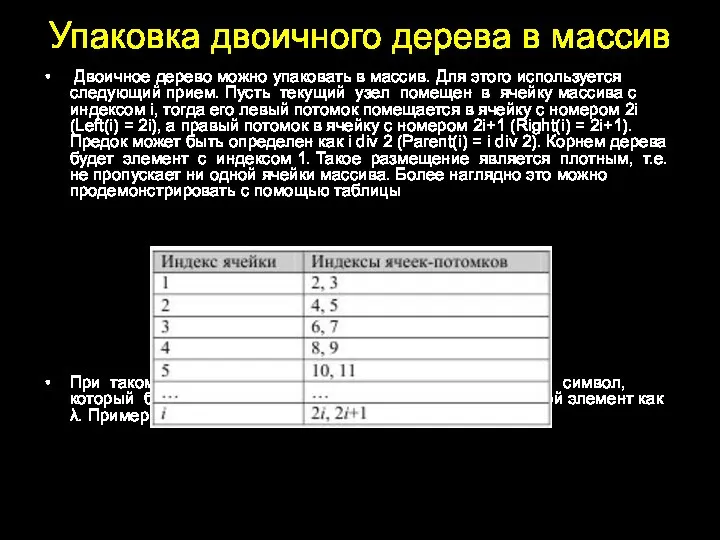 Упаковка двоичного дерева в массив Двоичное дерево можно упаковать в массив. Для