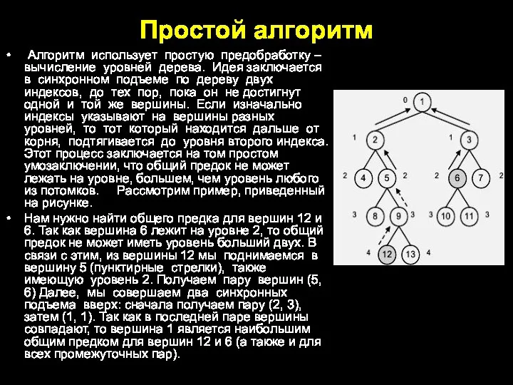 Простой алгоритм Алгоритм использует простую предобработку – вычисление уровней дерева. Идея заключается