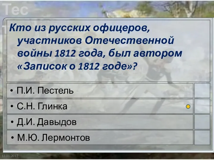 13.01.2017 Кто из русских офицеров, участников Отечественной войны 1812 года, был автором