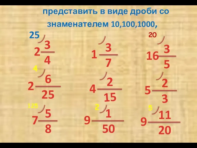 представить в виде дроби со знаменателем 10,100,1000, 20 4 125 2 5