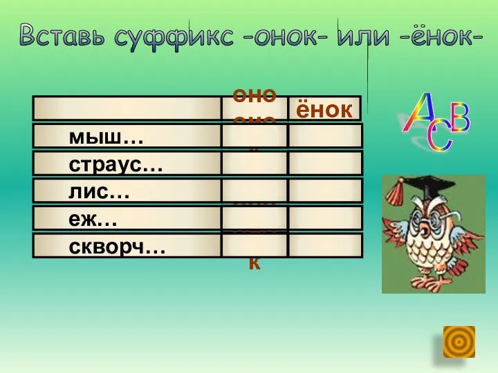 онок ёнок мыш… страус… лис… еж… скворч… Вставь суффикс -онок- или -ёнок-