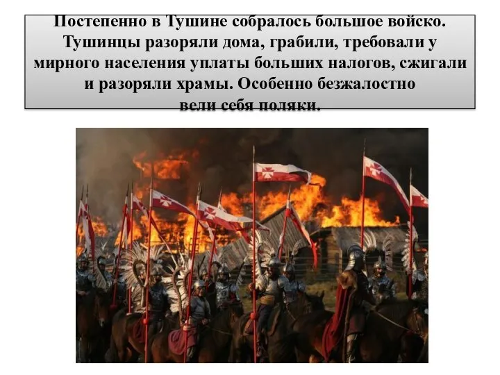 Постепенно в Тушине собралось большое войско. Тушинцы разоряли дома, грабили, требовали у