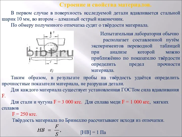 Строение и свойства материалов. В первом случае в поверхность исследуемой детали вдавливается