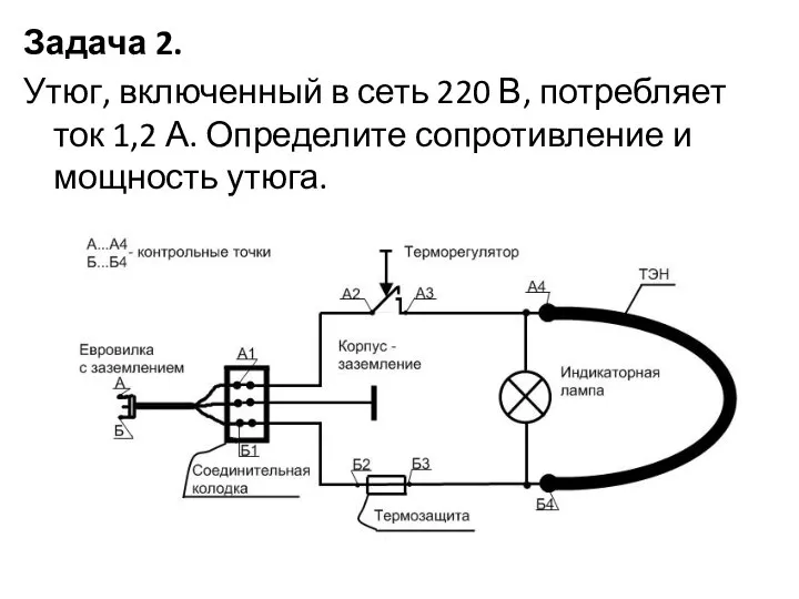 Задача 2. Утюг, включенный в сеть 220 В, потребляет ток 1,2 А.
