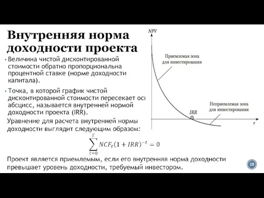 Внутренняя норма доходности проекта Величина чистой дисконтированной стоимости обратно пропорциональна процентной ставке