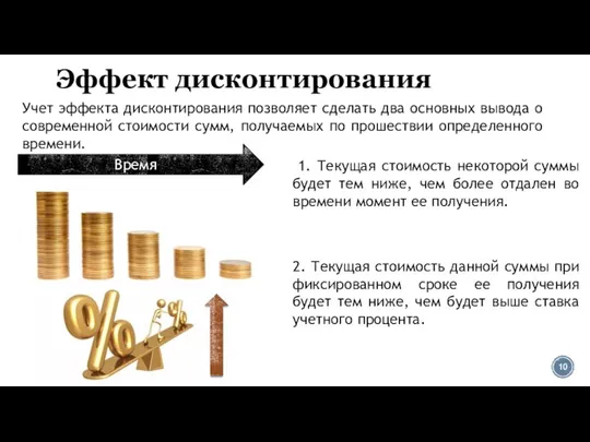 Эффект дисконтирования Учет эффекта дисконтирования позволяет сделать два основных вывода о современной