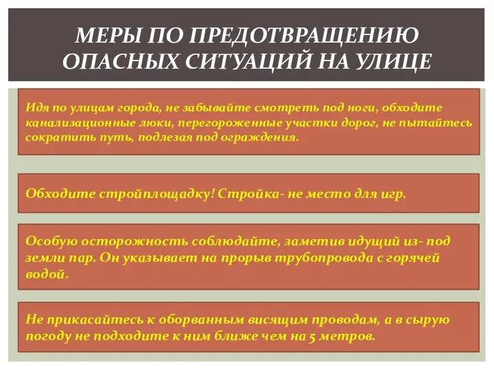 МЕРЫ ПО ПРЕДОТВРАЩЕНИЮ ОПАСНЫХ СИТУАЦИЙ НА УЛИЦЕ Идя по улицам города, не