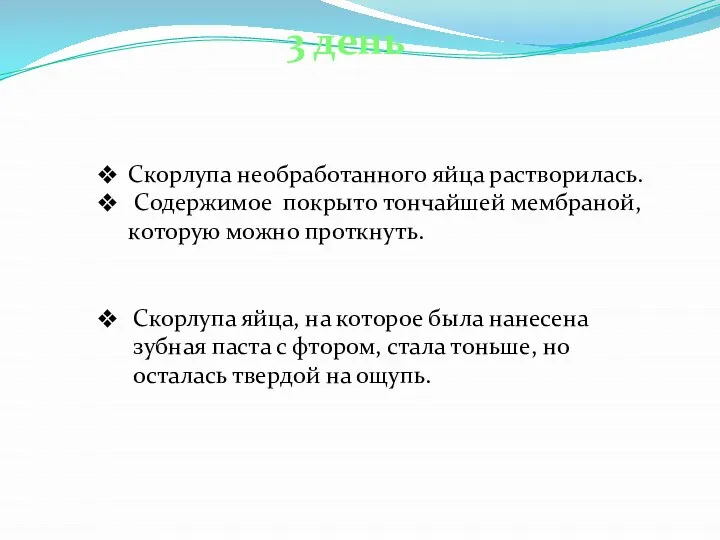 3 день Скорлупа необработанного яйца растворилась. Содержимое покрыто тончайшей мембраной, которую можно