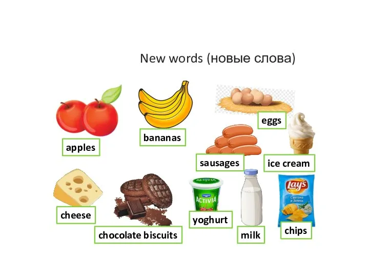 New words (новые слова) apples bananas eggs ice cream sausages cheese chocolate biscuits yoghurt milk chips