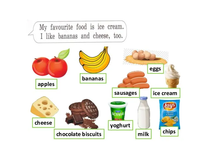 apples bananas eggs ice cream sausages cheese chocolate biscuits yoghurt milk chips