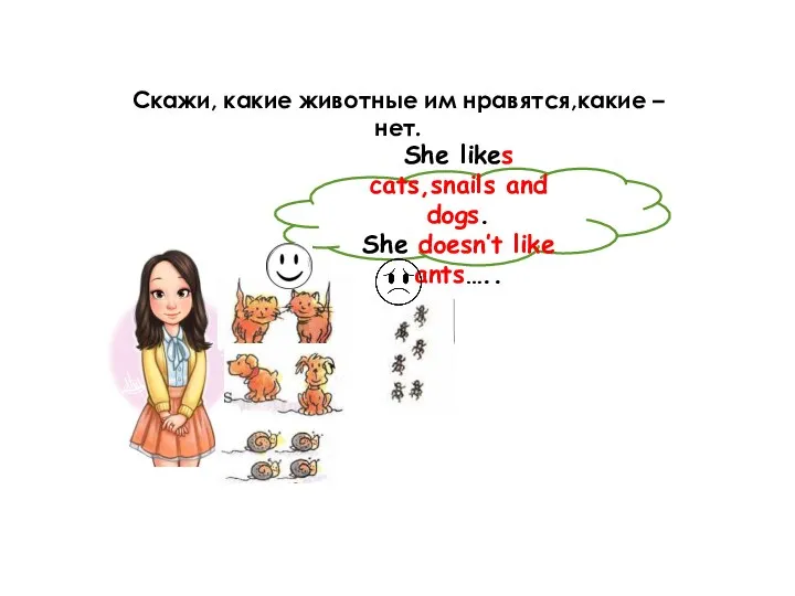 Скажи, какие животные им нравятся,какие – нет. She likes cats,snails and dogs. She doesn’t like ants…..