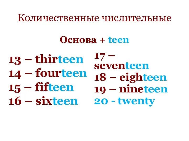 Количественные числительные Основа + teen 13 – thirteen 14 – fourteen 15