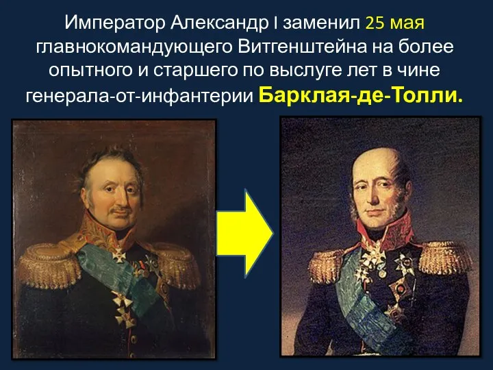 Император Александр I заменил 25 мая главнокомандующего Витгенштейна на более опытного и