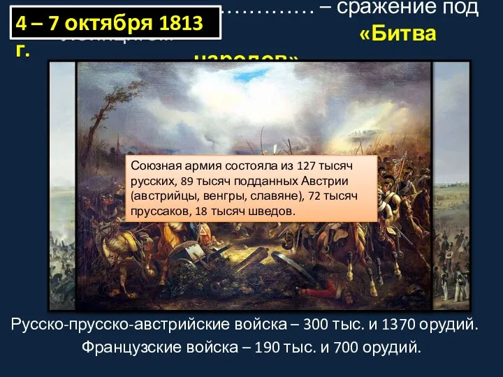 ………………………………… – сражение под Лейпцигом «Битва народов». Русско-прусско-австрийские войска – 300 тыс.