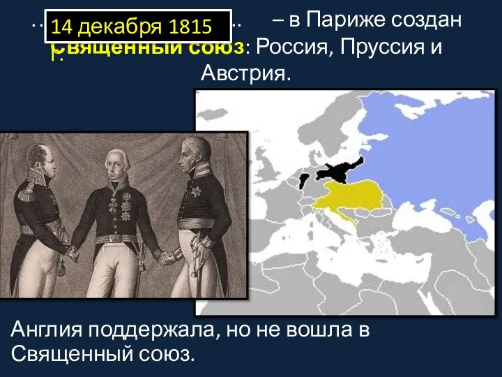 ……………………….. – в Париже создан Священный союз: Россия, Пруссия и Австрия. Англия