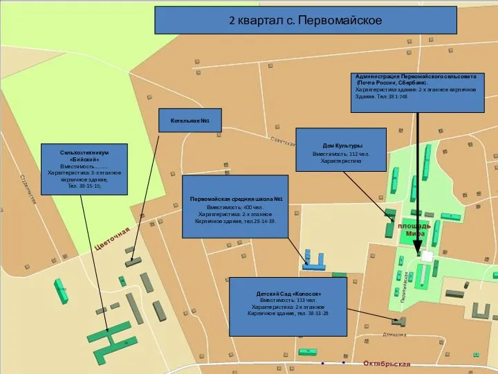 2 квартал с. Первомайское Администрация Первомайского сельсовета (Почта России, Сбербанк). Характеристика здание: