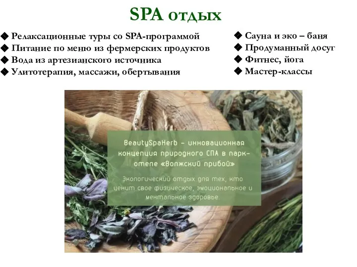 Релаксационные туры со SPA-программой Питание по меню из фермерских продуктов Вода из