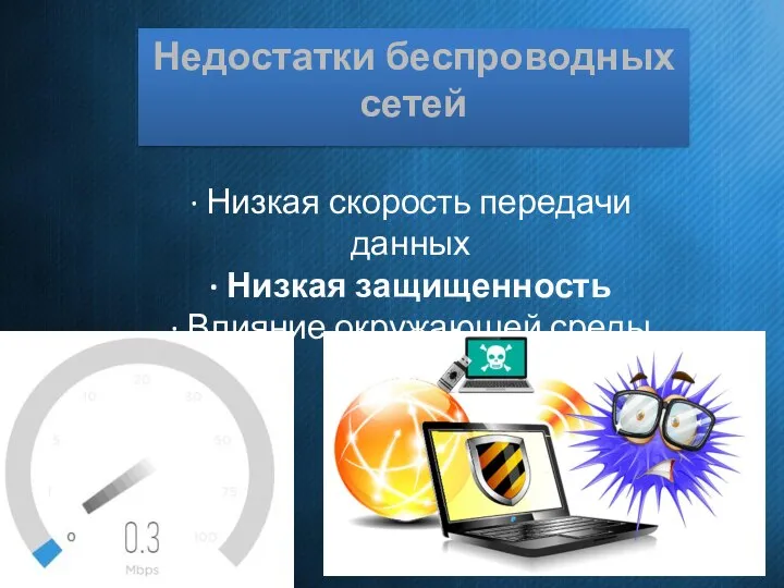 Недостатки беспроводных сетей · Низкая скорость передачи данных · Низкая защищенность · Влияние окружающей среды