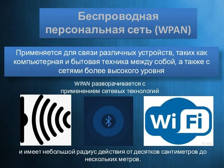 Беспроводная персональная сеть (WPAN) Применяется для связи различных устройств, таких как компьютерная