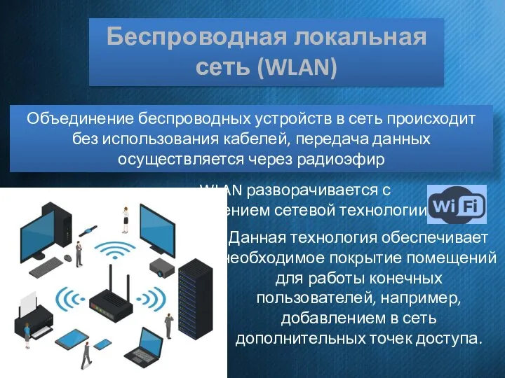 Беспроводная локальная сеть (WLAN) Объединение беспроводных устройств в сеть происходит без использования