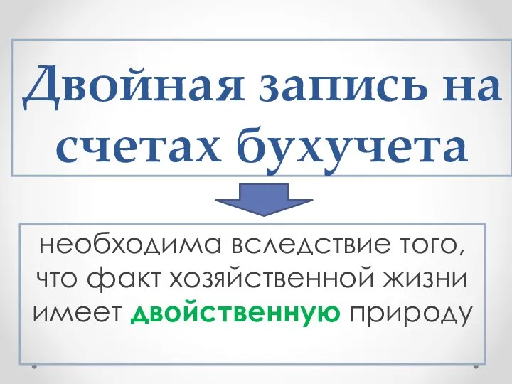 Двойная запись на счетах бухучета необходима вследствие того, что факт хозяйственной жизни имеет двойственную природу