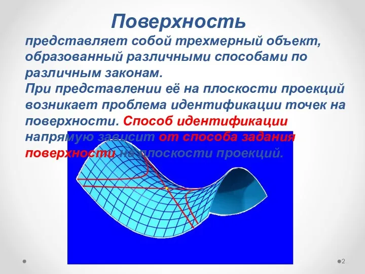 Поверхность представляет собой трехмерный объект, образованный различными способами по различным законам. При