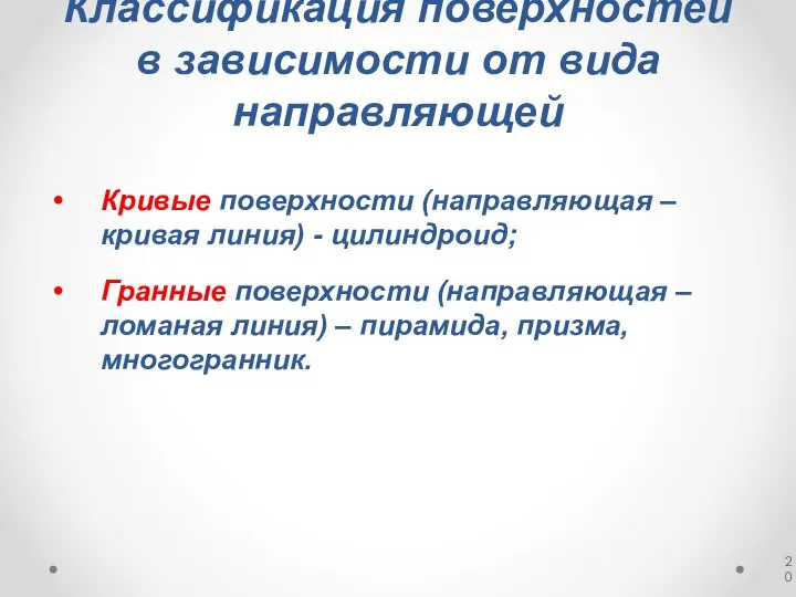 Классификация поверхностей в зависимости от вида направляющей Кривые поверхности (направляющая – кривая