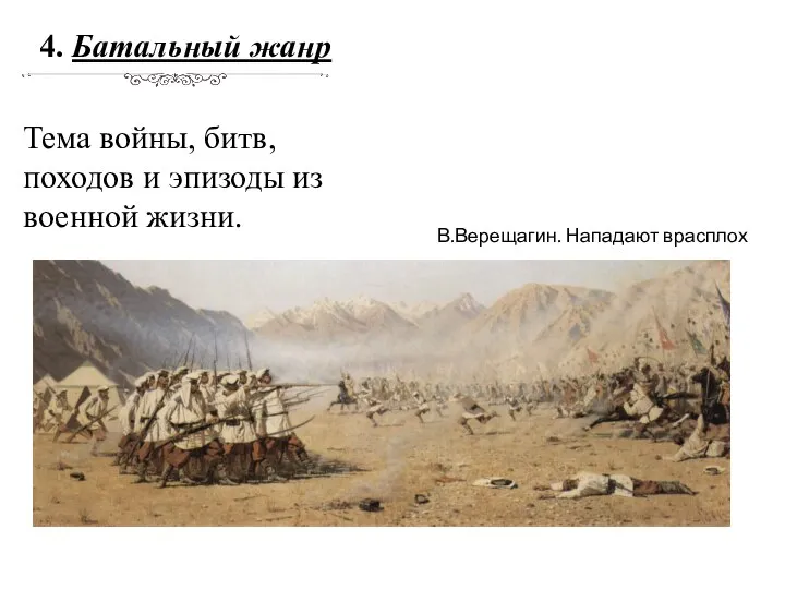 4. Батальный жанр Тема войны, битв, походов и эпизоды из военной жизни. В.Верещагин. Нападают врасплох