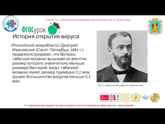 История открытия вируса Российский микробиолог Дмитрий Ивановский (Санкт-Петербург,1892 г.) продемонстрировал, что болезнь