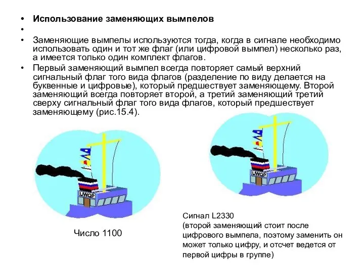 Использование заменяющих вымпелов Заменяющие вымпелы используются тогда, когда в сигнале необходимо использовать