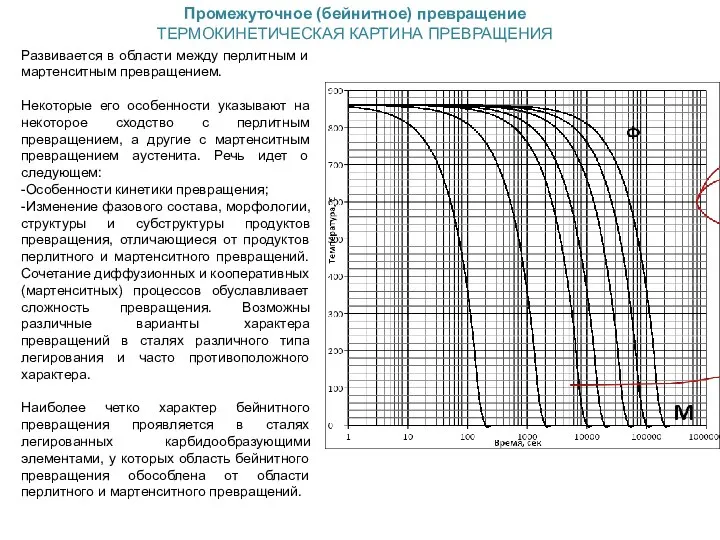 Промежуточное (бейнитное) превращение ТЕРМОКИНЕТИЧЕСКАЯ КАРТИНА ПРЕВРАЩЕНИЯ Развивается в области между перлитным и