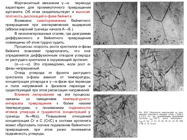 Мартенситный механизм γ→α перехода характерен для промежуточного превращения аустенита. Об этом свидетельствует