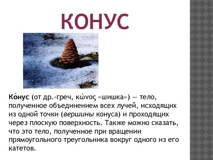 КОНУС Ко́нус (от др.-греч, κώνος «шишка») — тело, полученное объединением всех лучей,