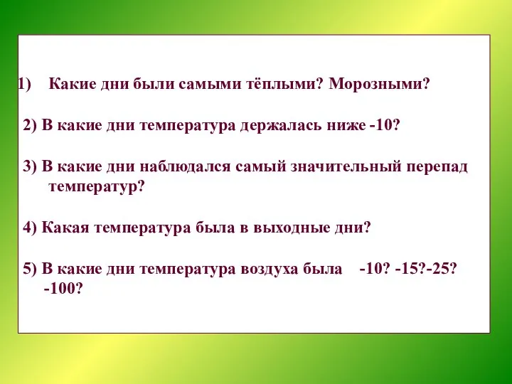 Какие дни были самыми тёплыми? Морозными? 2) В какие дни температура держалась