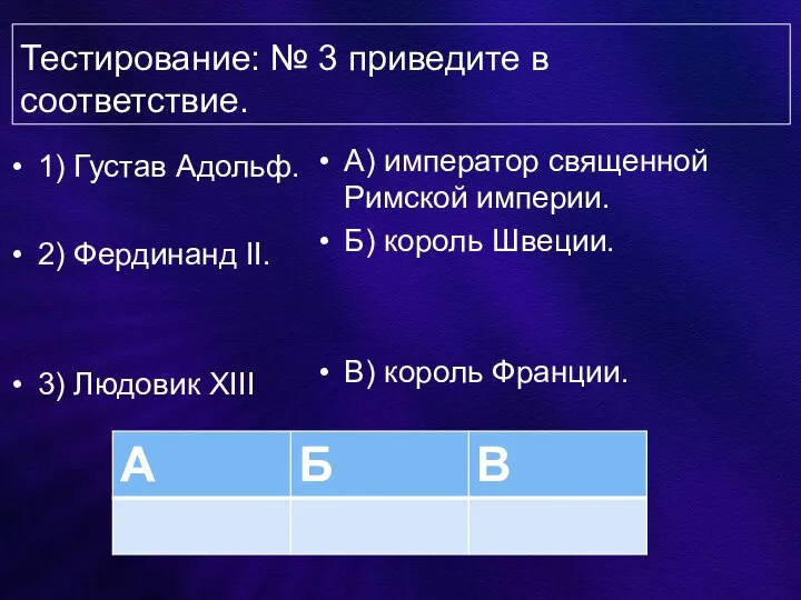 Тестирование: № 3 приведите в соответствие. 1) Густав Адольф. 2) Фердинанд II.